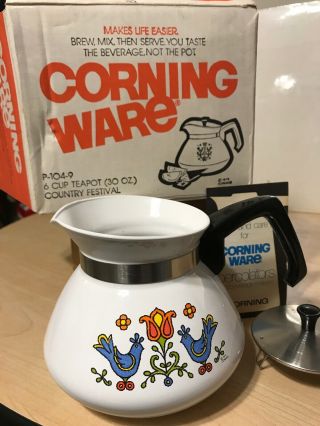 One Corning Ware 6 Cup Tea Pot Country Festival Blue Birds P - 104 - 9 W/box Lid