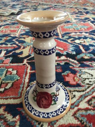 Nicholas Mosse Pottery Single Red Flower Blue Candle Stick Made In Ireland