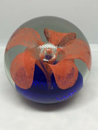 Vintage Round Glass Paperweight With Coral Flower Blue Base 3 Inches 1