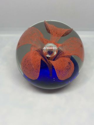Vintage Round Glass Paperweight With Coral Flower Blue Base 3 Inches 1 2