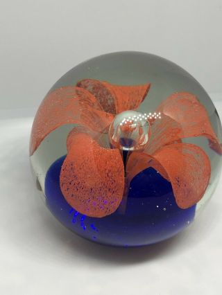 Vintage Round Glass Paperweight With Coral Flower Blue Base 3 Inches 1 3