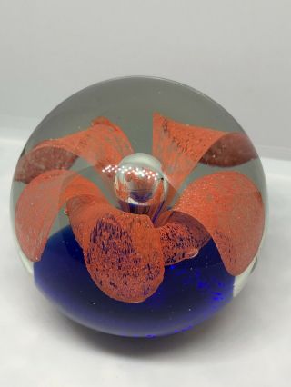 Vintage Round Glass Paperweight With Coral Flower Blue Base 3 Inches 1 5