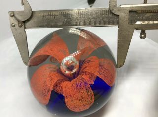 Vintage Round Glass Paperweight With Coral Flower Blue Base 3 Inches 1 7
