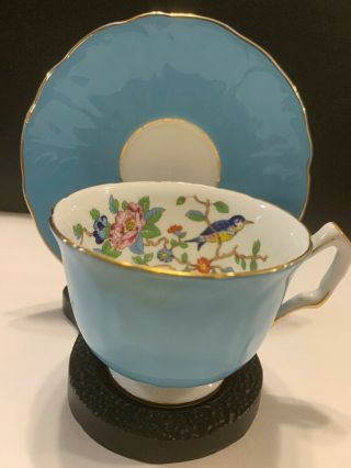 Vintage Aynsley England China Tea Cup & Saucer Light Blue Floral W/ Bird