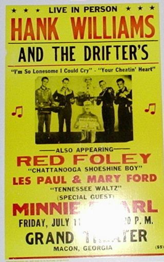 Hank Williams & The Drifters Concert Poster - 1952 - W/ Red Foley.  14 " X22 "