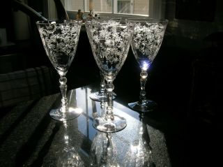 Vintage Set Of 4 Fostoria Glasses Chintz Etched Rose Vine Wine Glasses Goblets