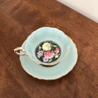 Paragon Baby Blue Teacup And Saucer Black Center With Flowers Double Warrant