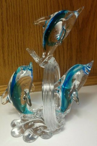 Vintage Murano Style Hand Blown Glass 3 Dolphin Figurine Sculpture Art Glass 9 "