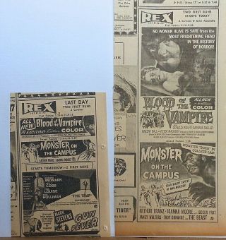 2 1959 Newspaper Ads For Movies Blood Of The Vampire,  Monster On The Campus