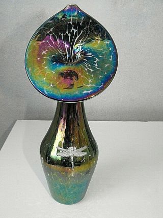 Heron Glass Cumbria Iridescent Jack In The Pulpit Vase With Silver Dragonfly