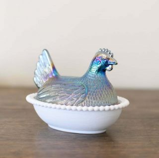 Indiana Iridescent Blue Carnival Glass Chicken Hen On Nest Milkglass Candy Dish