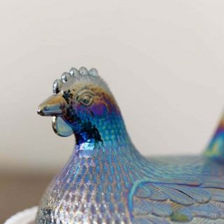 INDIANA Iridescent Blue Carnival Glass Chicken Hen On Nest Milkglass Candy Dish 4