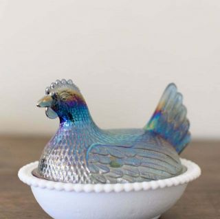 INDIANA Iridescent Blue Carnival Glass Chicken Hen On Nest Milkglass Candy Dish 8