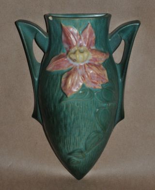 Vintage Roseville Pottery Clematis 1295 - 8 " Wall Pocket Green & Pink