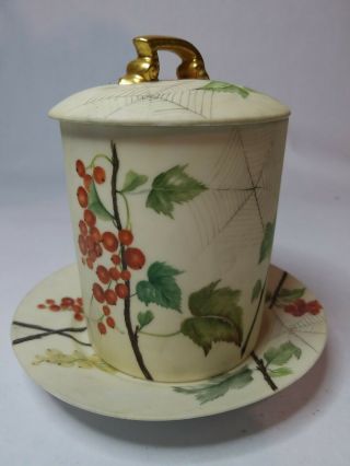 Antique Hand Painted T&v Limoges France Berries Spider Web Condensed Milk Jar