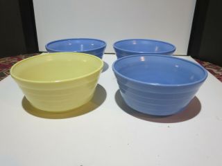 4 Moderntone Cereal Bowls 3 Blue 1 Yellow 5 " X 2 1/4 " Deep Depression Glass