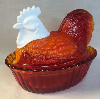 Mosser Made For Rosso Glass Rooster / Chicken On Nest Red With Milk Glass Head