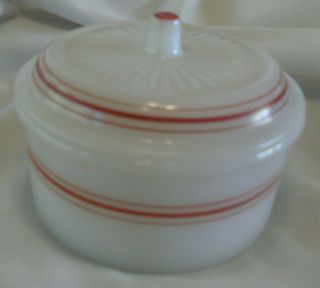 Hazel Atlas Milk Glass / Platonite Drippings Grease Bowl Jar W/lid Red Stripe