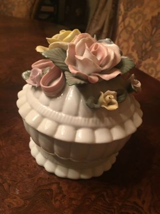 White China Hand Painted Lidded Candy Dish With Rose Floral Design Size