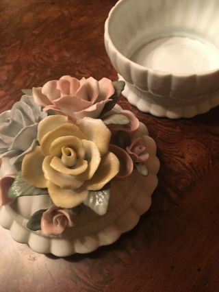 White China Hand Painted Lidded Candy Dish With Rose Floral Design Size 7