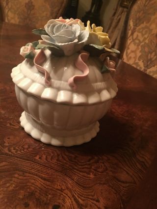 White China Hand Painted Lidded Candy Dish With Rose Floral Design Size 8