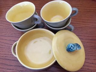 4 Tea Coffee Cups 1 Covered Soup Bowl Dish Lid Green Yellow Winfield Pasadena