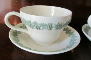 WEDGWOOD OF ETRURIA & BARLASTON EMBOSSED QUEEN ' S WARE 4CUP & SAUCER GREEN ON CRE 4