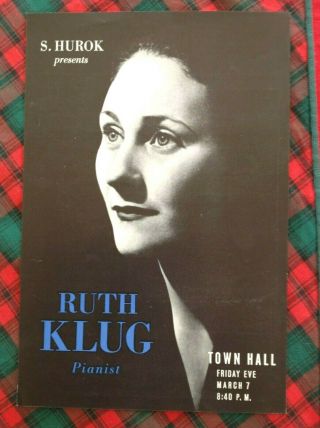 1947 Ruth Klug Pianist Town Hall Box F Flyer Handbill 1st Time In Ten Years