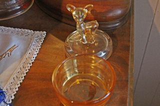 Vintage Jeannette Carnival Marigold Luster Glass Deer Powder Jar Trinket Dish