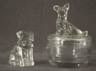 Vintage Jeannette Glass Clear Powder Box Jar & Lid Scottie Dog Bonus Figurine