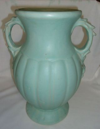 Nelson Mccoy Pottery Two 2 Handle Vase 45 Vtg Matte Turquoise 12 " Tall -