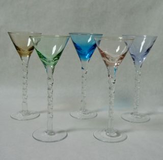 5 Vintage Mid Century Colored Twisted Stem Cordial Liqueur Glasses
