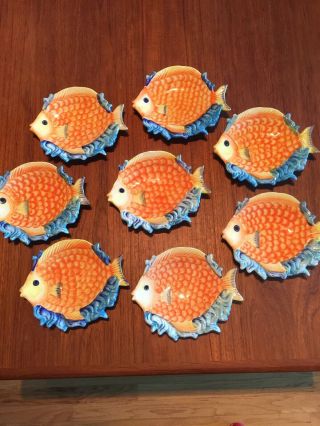 Vintage,  Colorful,  Hand - Painted Fish Plates