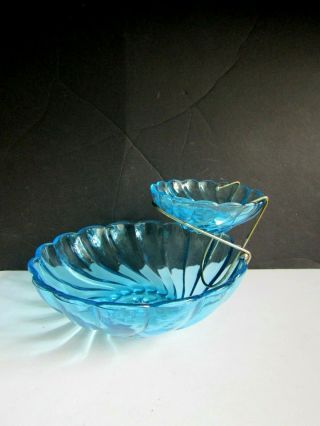 Vintage Hazel Atlas Blue Swirl Glass Chip And Dip Bowls 3pc Set