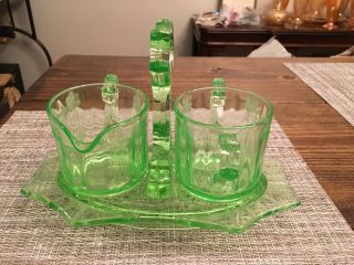 Vintage Green Depression Glass Creamer And Sugar Bowl With Caddy