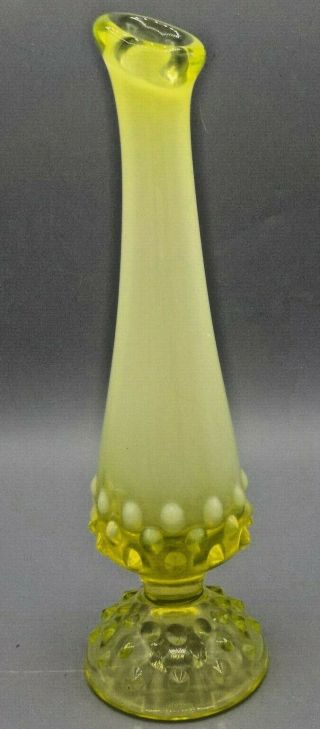 Vtg Fenton Topaz Yellow Vaseline Opalescent Hobnail 8 " Bud Vase.  1959 - 61