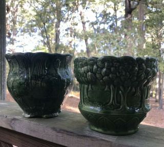 Vintage Green Art Pottery Planters With Leaf & Drape Design