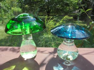 Pair Vintage Mid Century Modern Art Glass Mushroom Paperweights Blue Green Clear