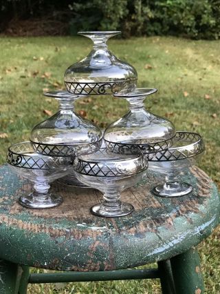 Antique Art Deco Sterling Silver Overlay Sherbet Cups With Saucers Set Of 6,