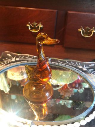 Vintage Viking Glass Duck Paperweight Figurine Amber Yellow Pedestal 5.  25 Inches