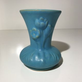 Van Briggle Pottery 1930s Crackled Turquoise - Embossed Flowers - Flare Rim Vase