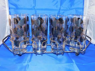 Vintage Set Of 8 Mid - Century High Ball Glasses/ Caddy - Black And Gold Fruit