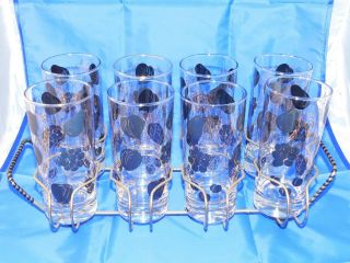 Vintage Set of 8 Mid - Century High Ball Glasses/ Caddy - Black and Gold Fruit 2