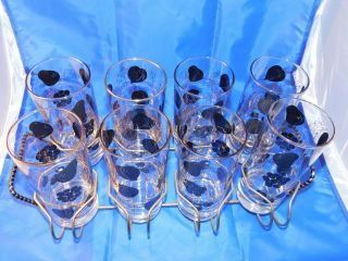 Vintage Set of 8 Mid - Century High Ball Glasses/ Caddy - Black and Gold Fruit 3