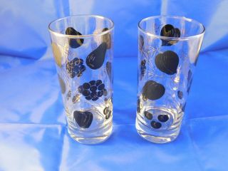 Vintage Set of 8 Mid - Century High Ball Glasses/ Caddy - Black and Gold Fruit 4