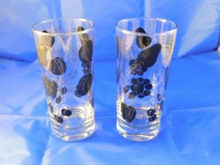Vintage Set of 8 Mid - Century High Ball Glasses/ Caddy - Black and Gold Fruit 5