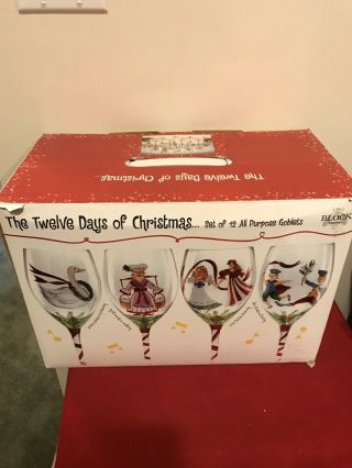 Block Basic Vintage Twelve Days Of Christmas 12 Wine Glass Goblets Hand Painted