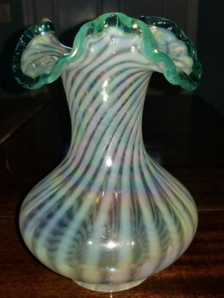 Vintage Fenton Art Glass Green Opalescent Spiral Optic Ruffled Top 8 ½”hi Vase