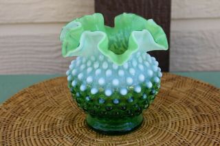 Vintage Fenton Glass Ruffled Hobnail Opalescent Green & White Vase 4.  50 " Tall