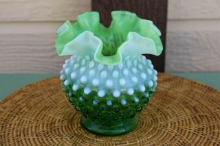 Vintage FENTON GLASS Ruffled Hobnail Opalescent Green & White Vase 4.  50 